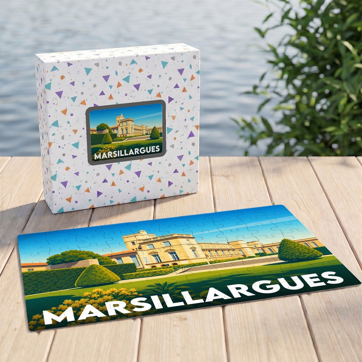 Puzzle souvenir de la ville de Marsillargues avec une illustration stylisée de son château.