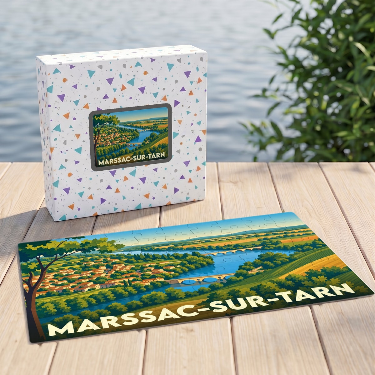 Puzzle souvenir de la ville de Marssac-sur-Tarn représentant un paysage vallonné traversé par une rivière.
