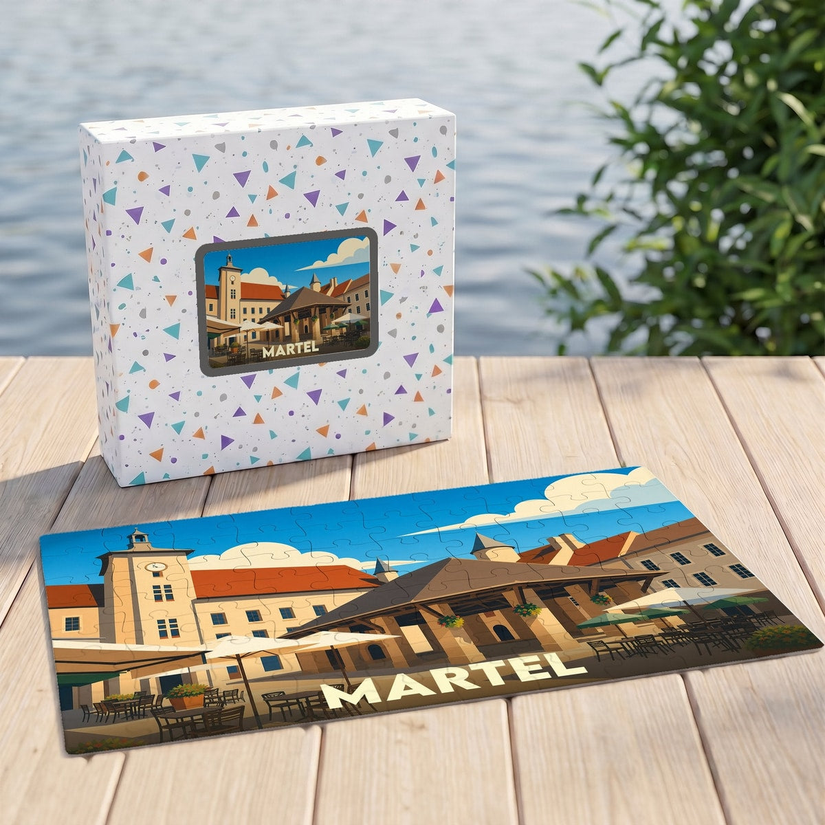 Puzzle souvenir de la ville de Martel avec une illustration stylisée de sa place du marché.