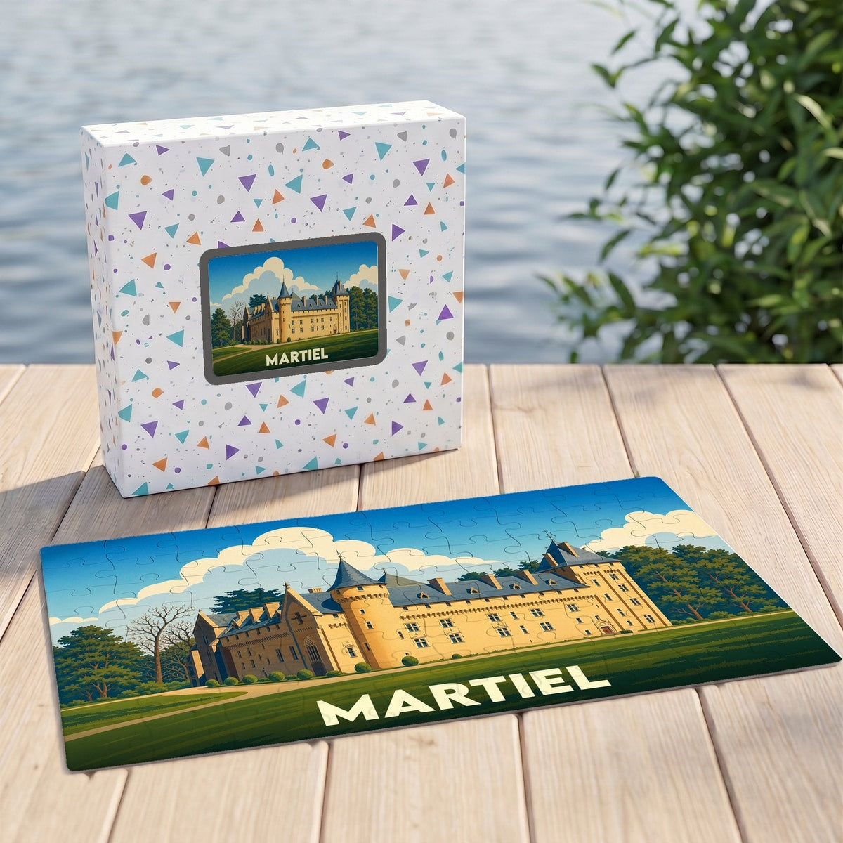 Puzzle souvenir de la ville de Martiel illustrant un château stylisé sous un ciel ensoleillé.
