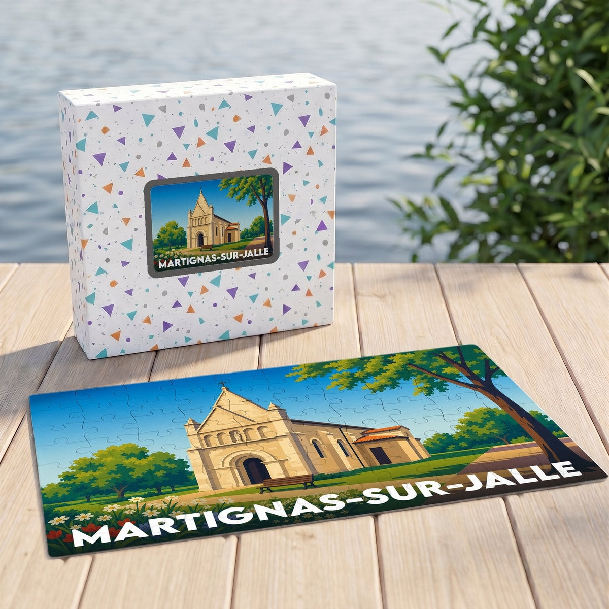Puzzle souvenir de la ville de Martignas-sur-Jalle représentant une illustration stylisée de son église.