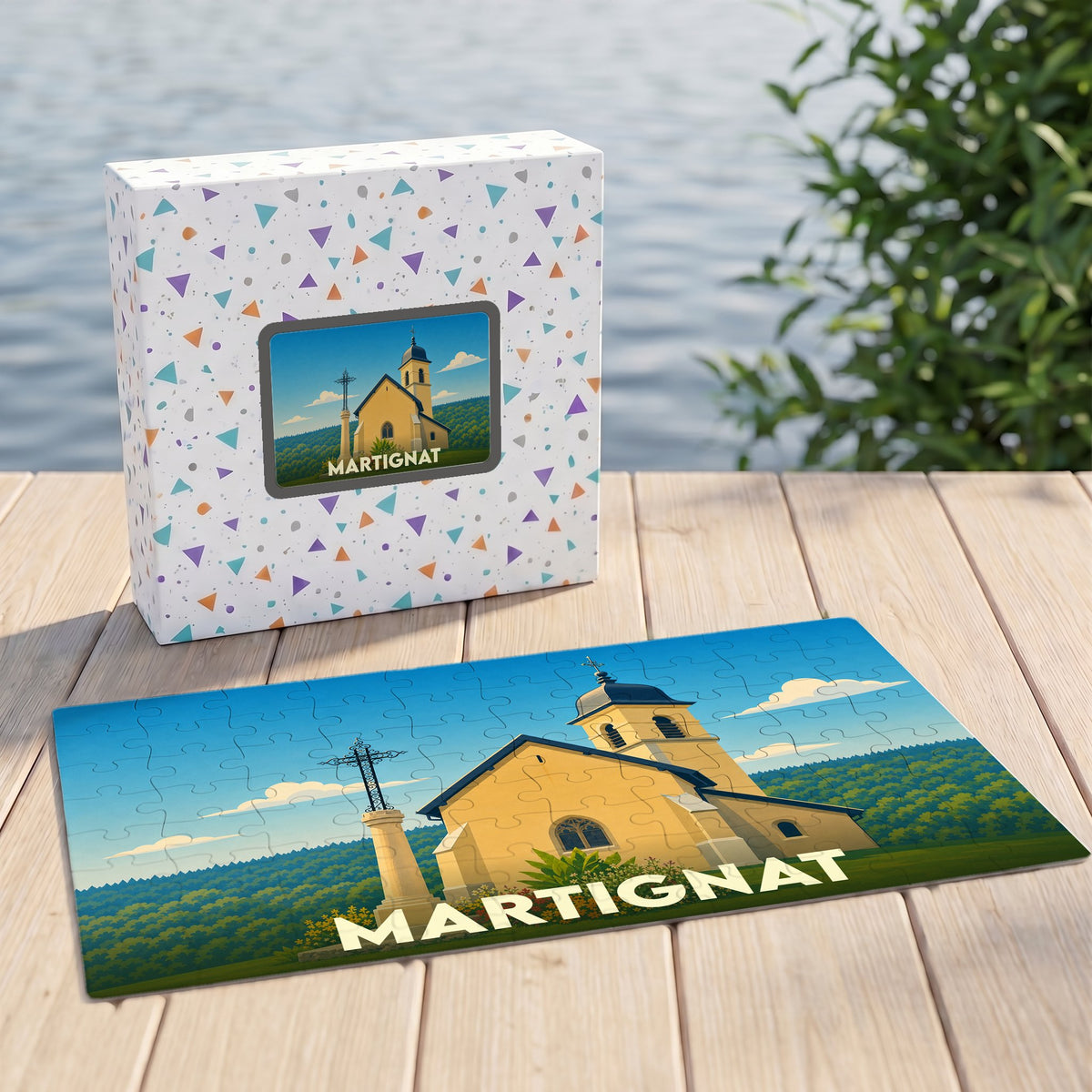 Puzzle souvenir de la ville de Martignat avec une illustration stylisée de son église.