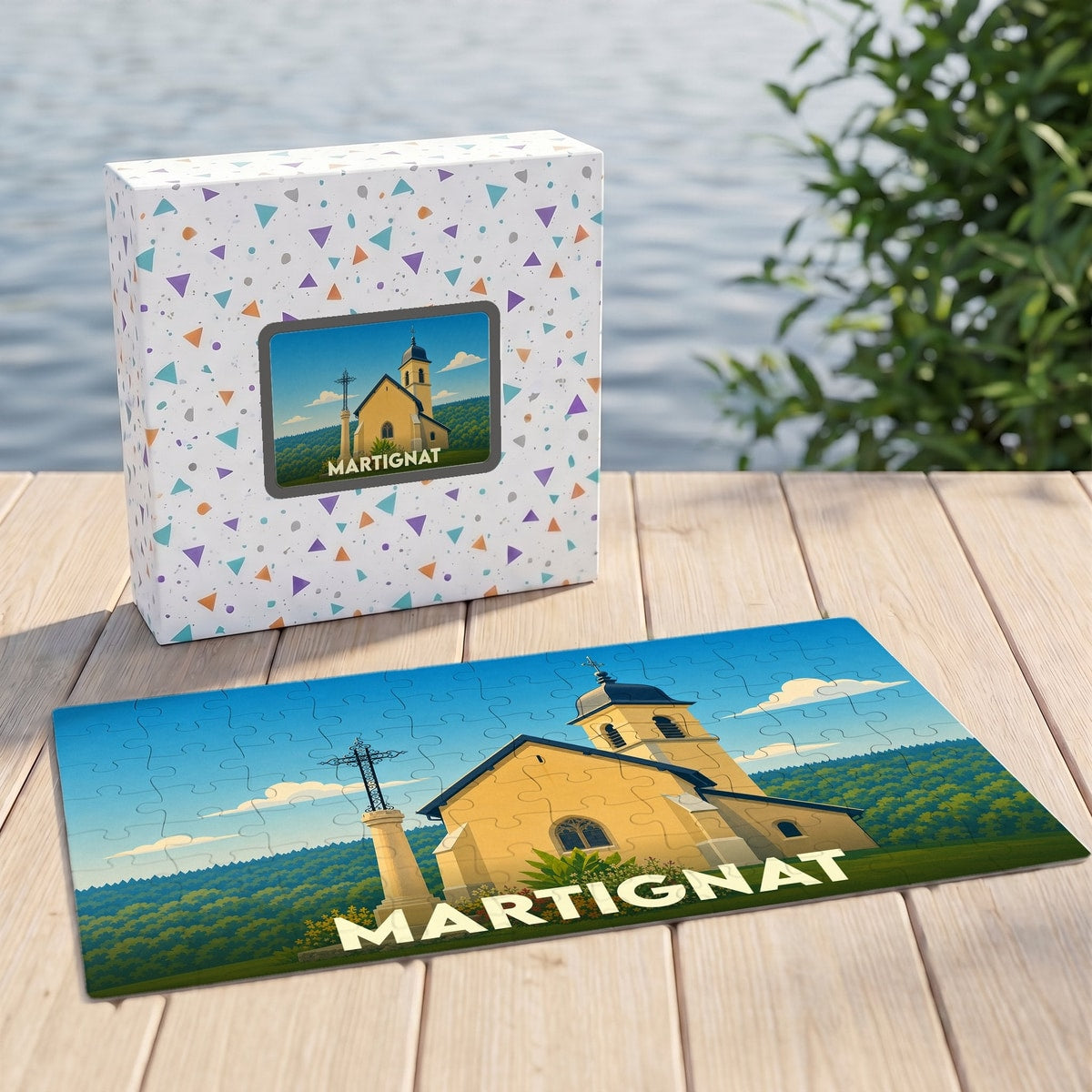 Puzzle souvenir de la ville de Martignat avec une illustration stylisée de son église.