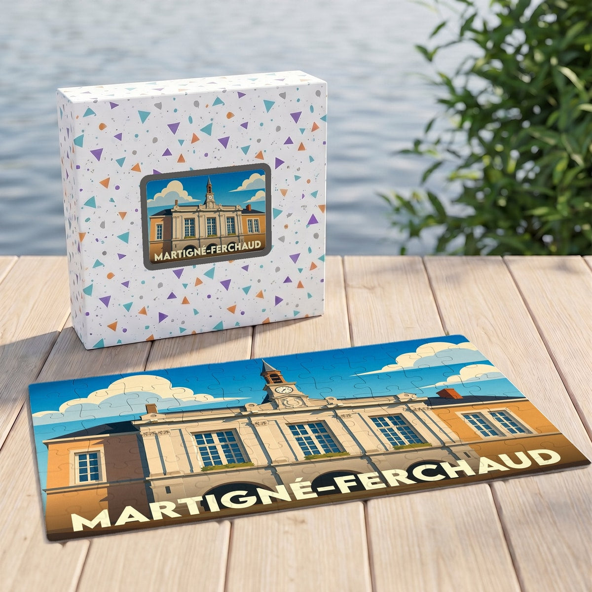 Puzzle souvenir de la ville de Martigné-Ferchaud avec une illustration stylisée de son hôtel de ville.