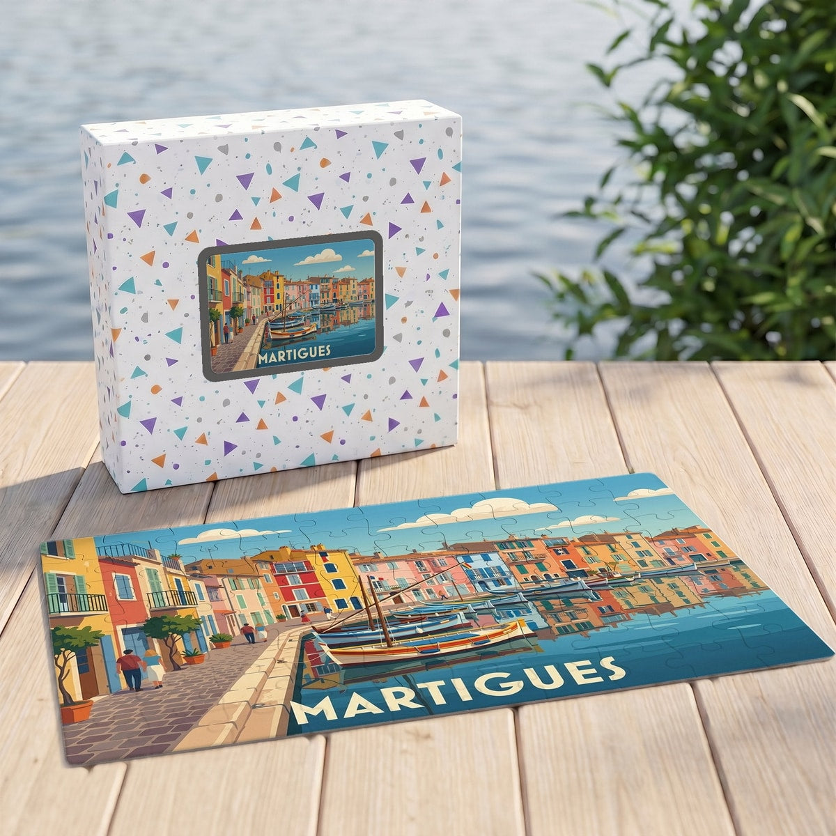 Puzzle souvenir de la ville de Martigues avec une illustration stylisée d'un port coloré.