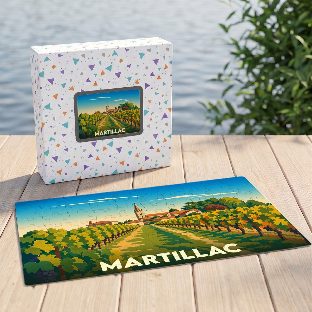 Puzzle souvenir de la ville de Martillac représentant un paysage de vignobles avec une illustration stylisée.