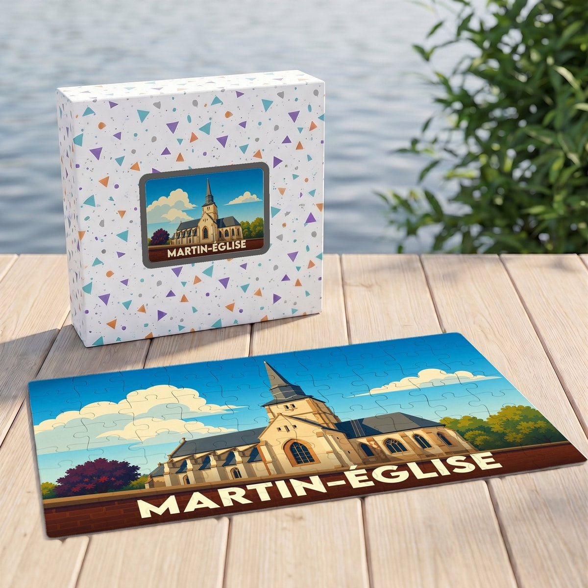 Puzzle souvenir de la ville de Martin-Église avec une illustration stylisée d'une église sous un ciel azur.