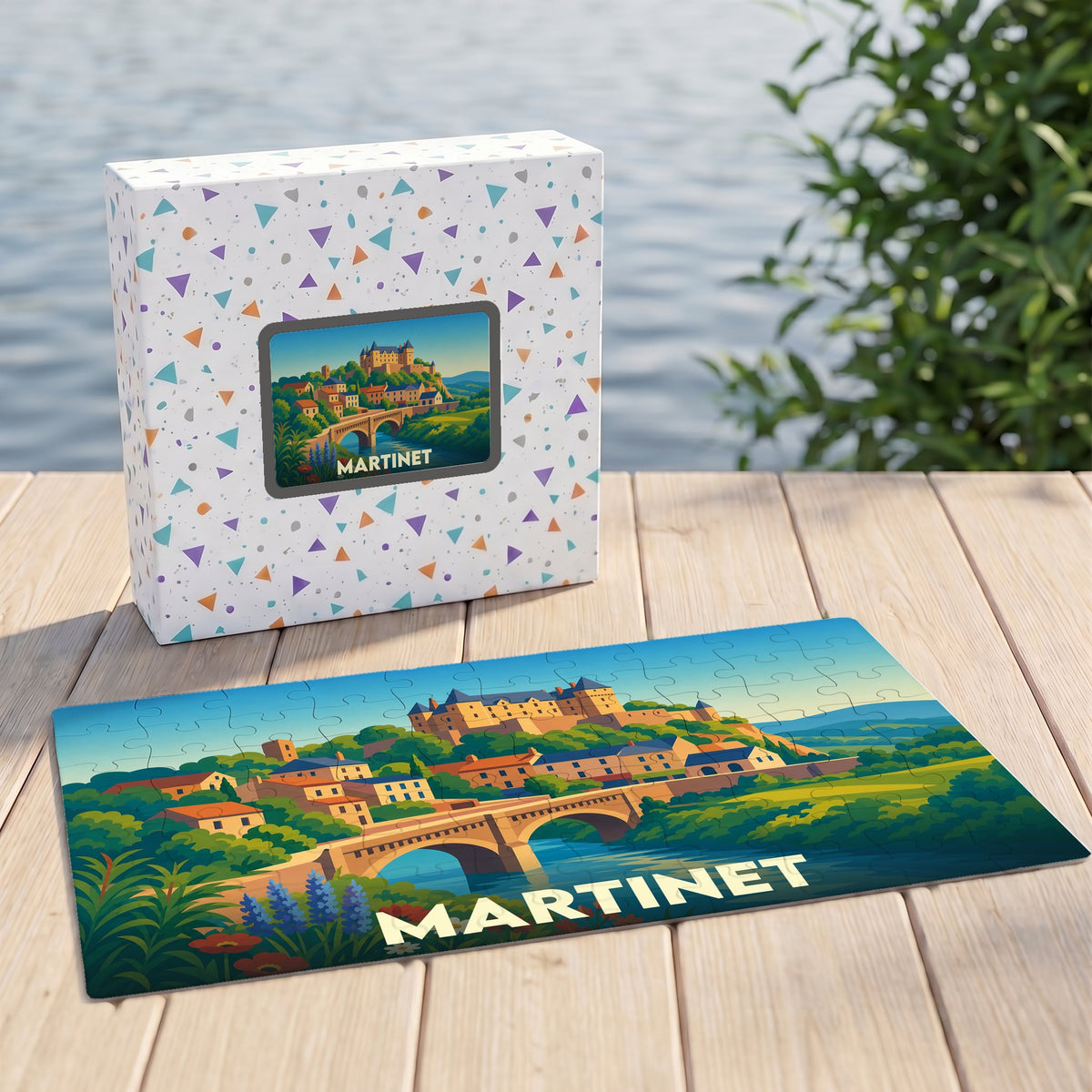 Puzzle souvenir de la ville de Martinet avec une illustration stylisée d'un paysage historique.