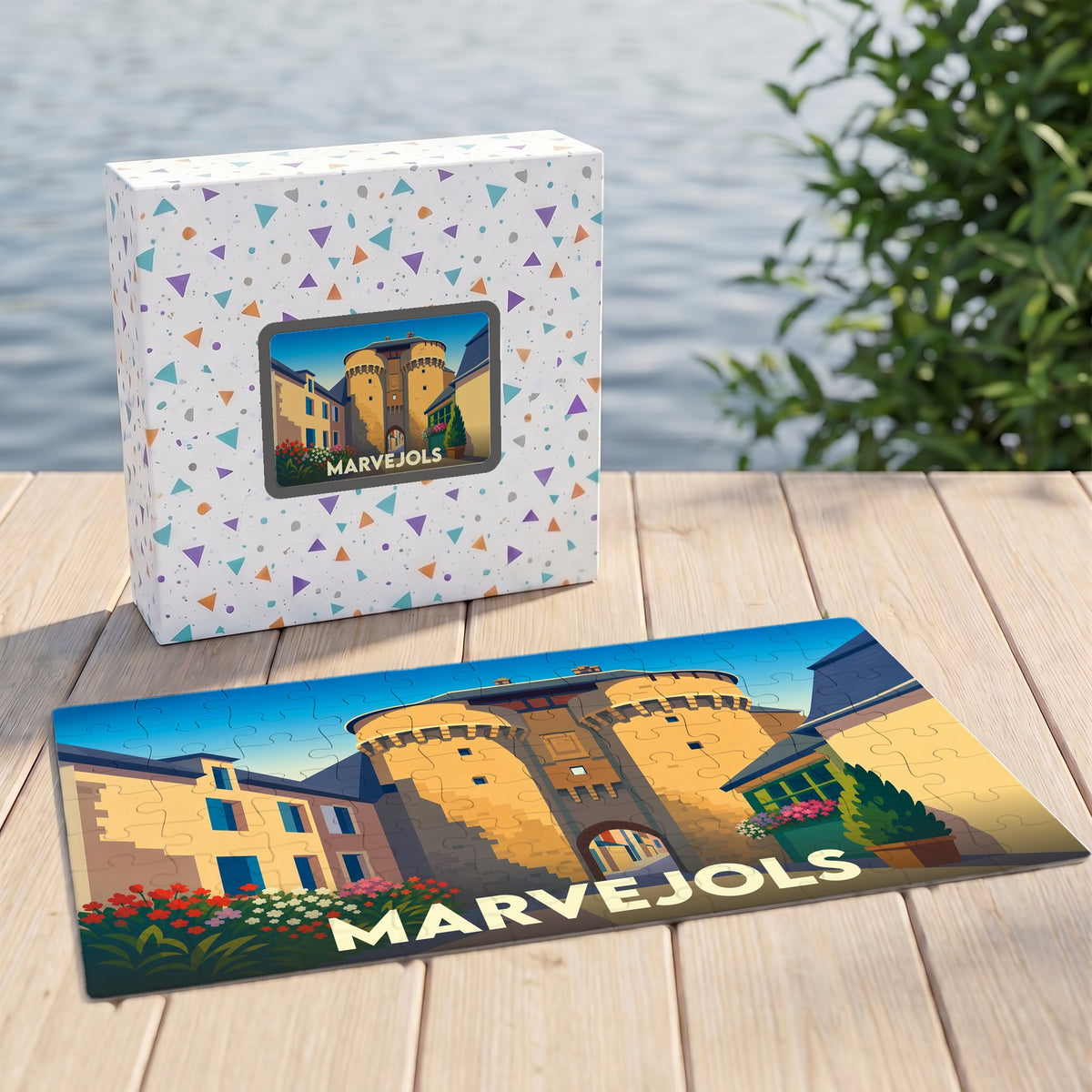 Puzzle souvenir de la ville de Marvejols avec une illustration stylisée de ses portes médiévales.