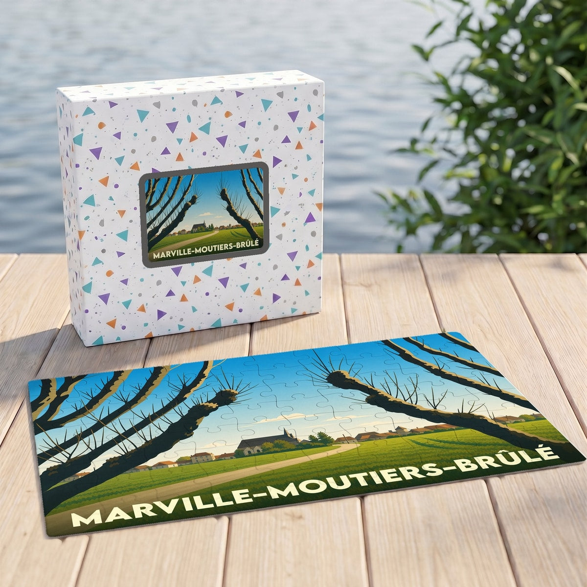 Puzzle souvenir de la ville de Marville-Moutiers-Brûlé avec une illustration champêtre stylisée.