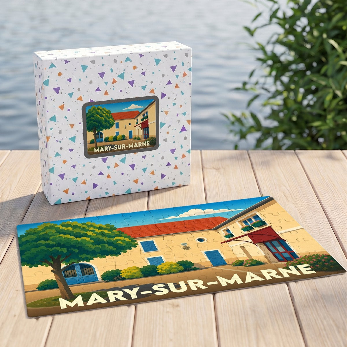 Puzzle souvenir de la ville de Mary-sur-Marne avec une illustration stylisée d'un paysage urbain.