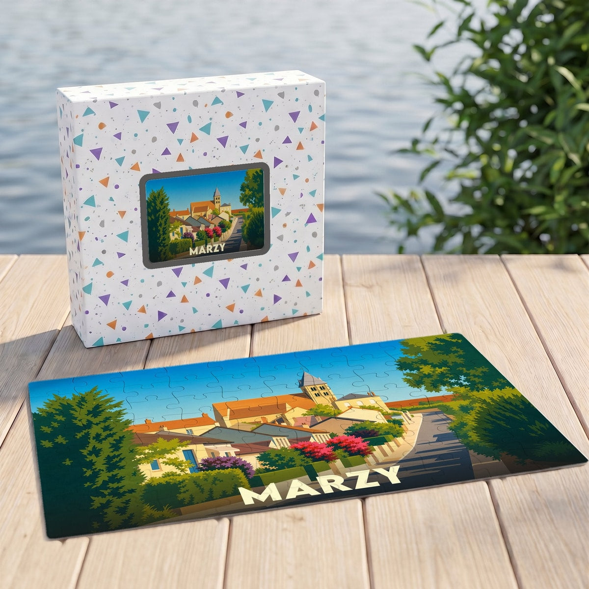 Puzzle souvenir de la ville de Marzy avec une illustration stylisée de ses paysages et de son église.