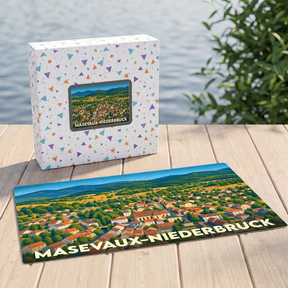 Puzzle souvenir de la ville de Masevaux-Niederbruck avec une illustration colorée de la commune vue du ciel.