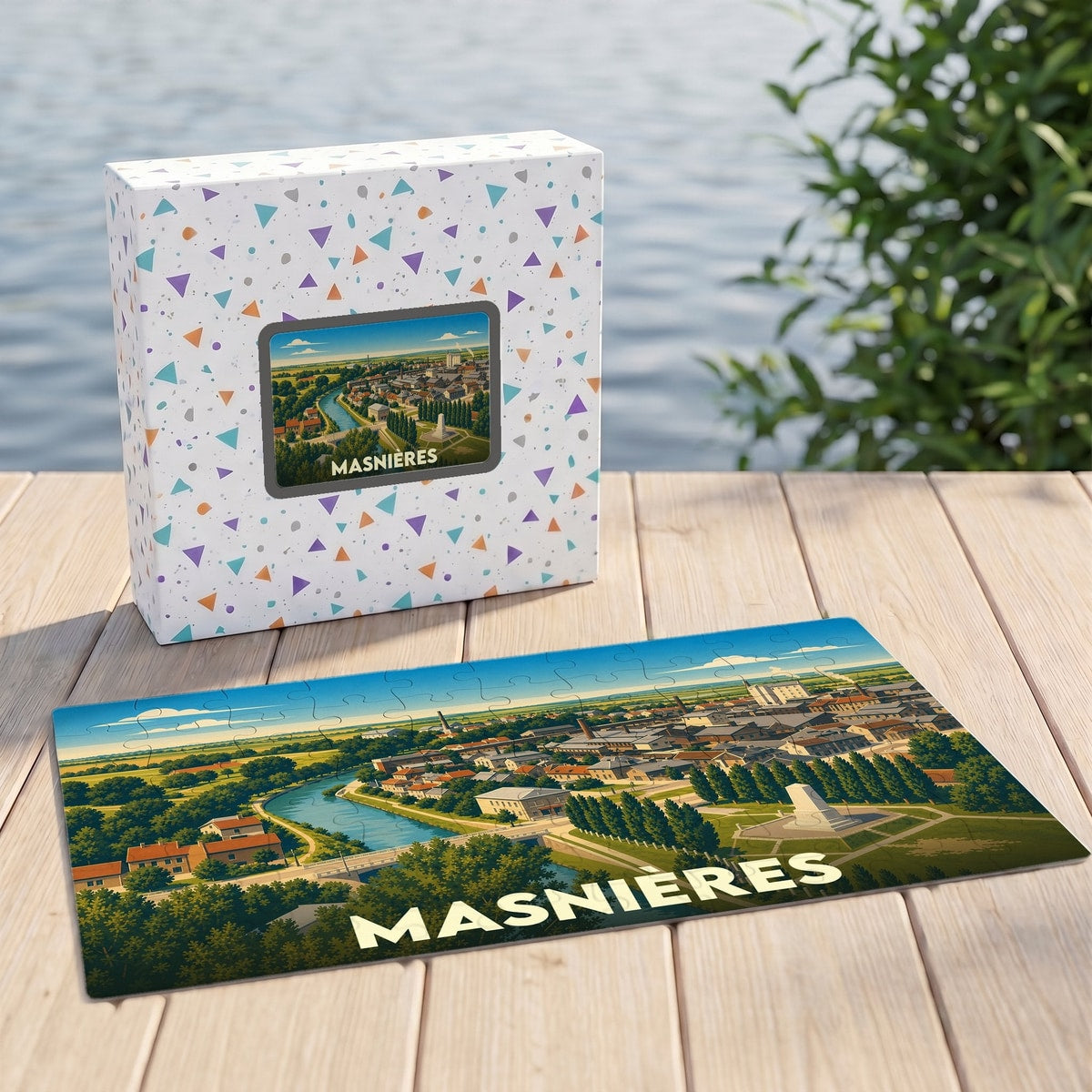 Puzzle souvenir de la ville de Masnières avec une illustration panoramique stylisée.