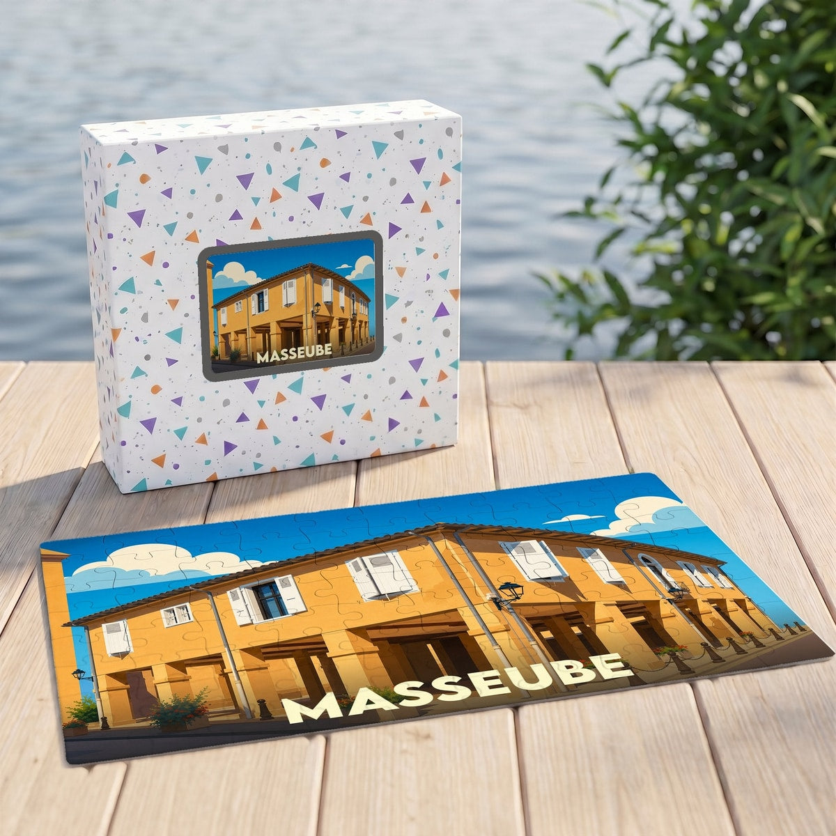 Puzzle souvenir de la ville de Masseube avec une illustration stylisée d'un bâtiment jaune typique.