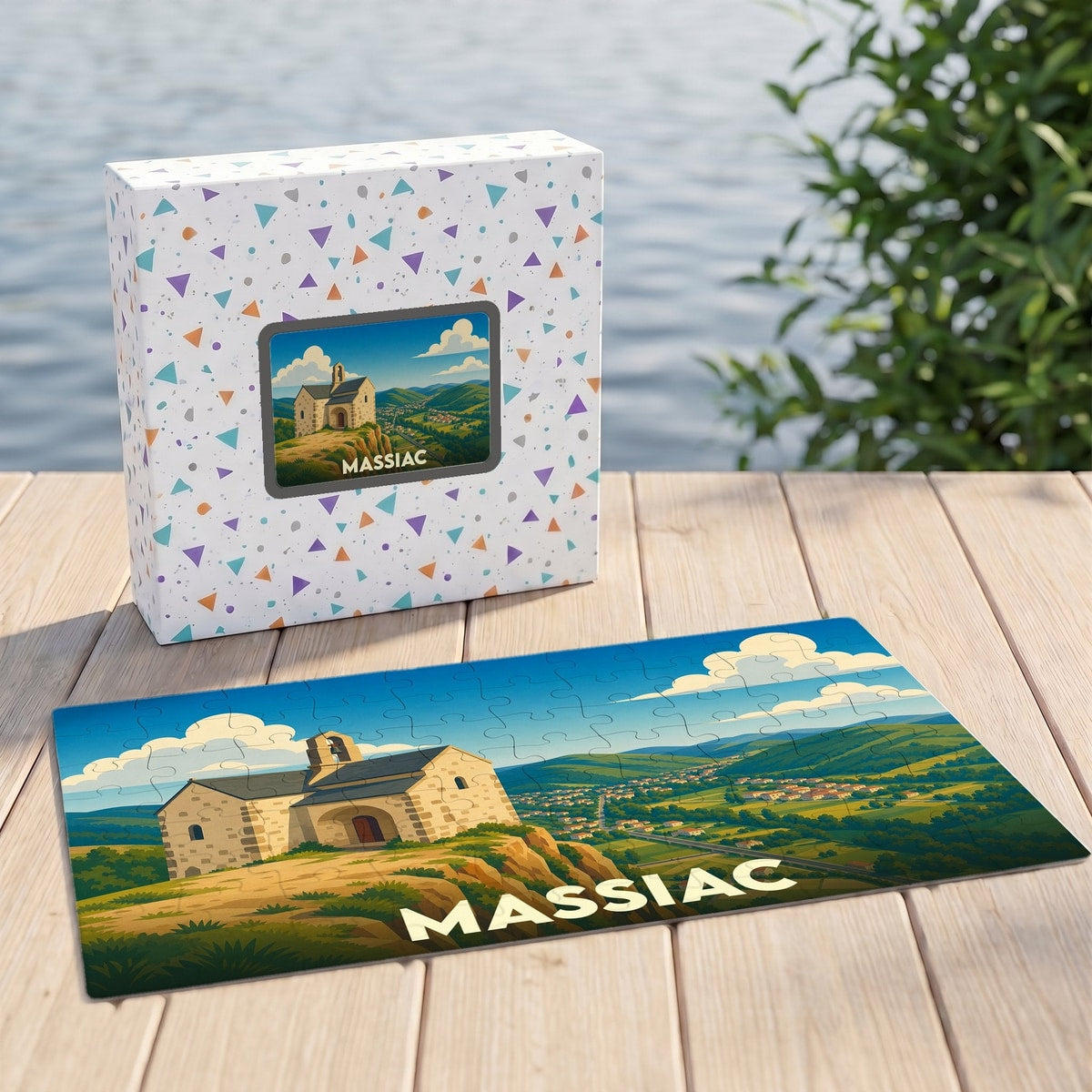 Puzzle souvenir de la ville de Massiac avec une illustration stylisée de sa chapelle surplombant la vallée.