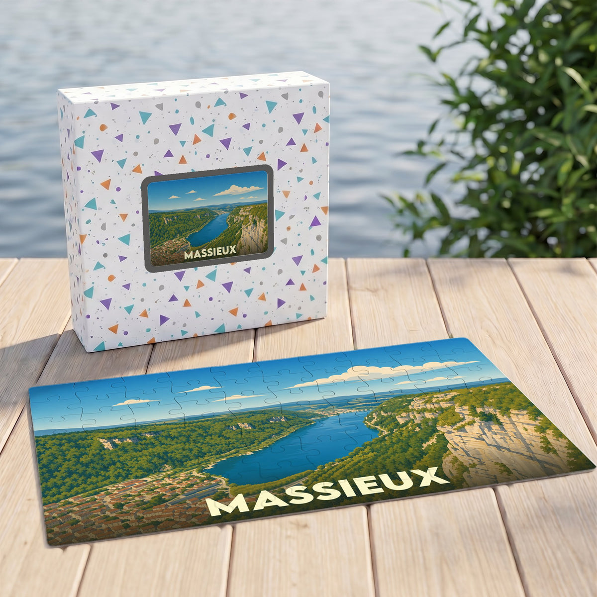 Puzzle souvenir de la ville de Massieux avec une illustration panoramique de sa vallée.