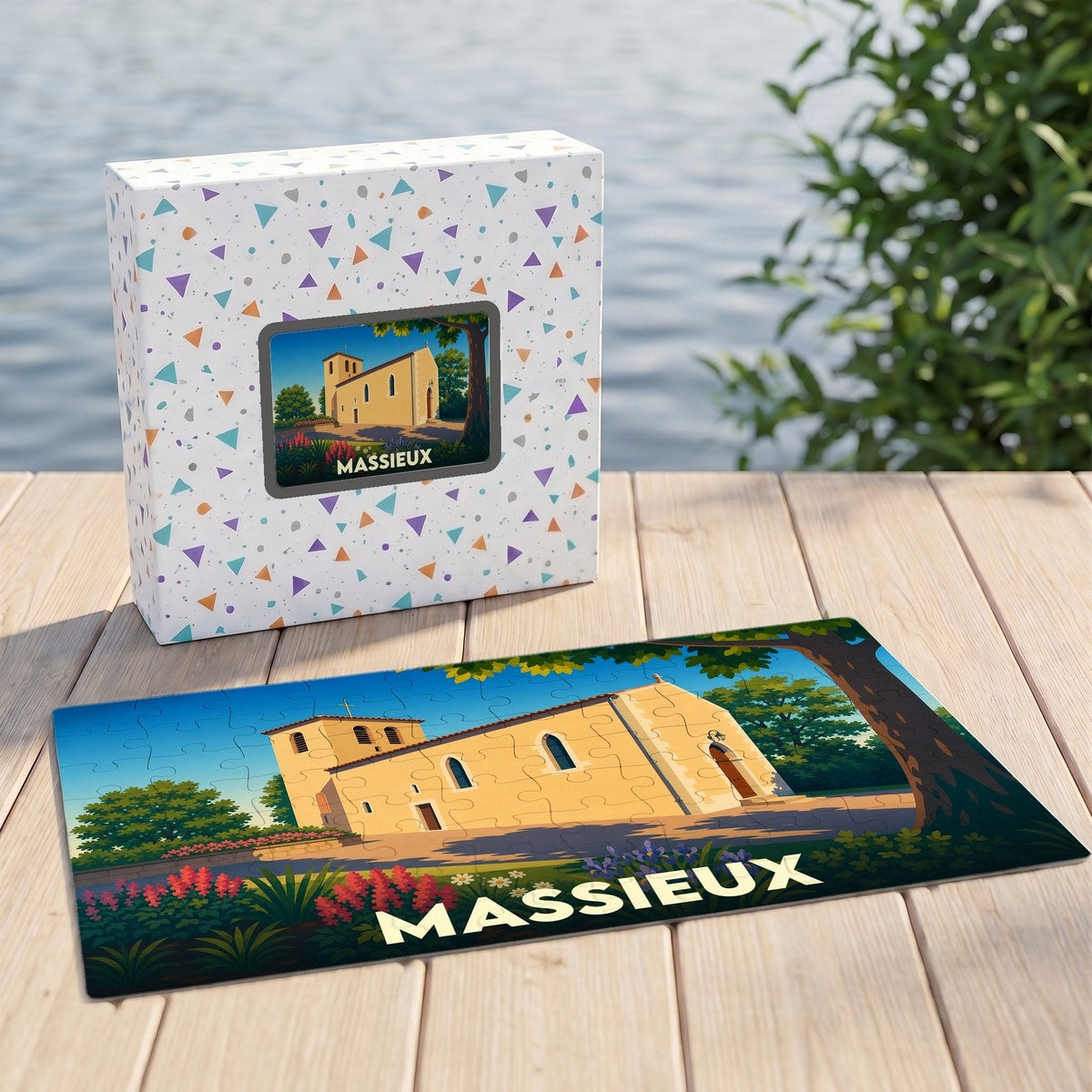 Puzzle souvenir de la ville de Massieux avec une illustration stylisée de son église.