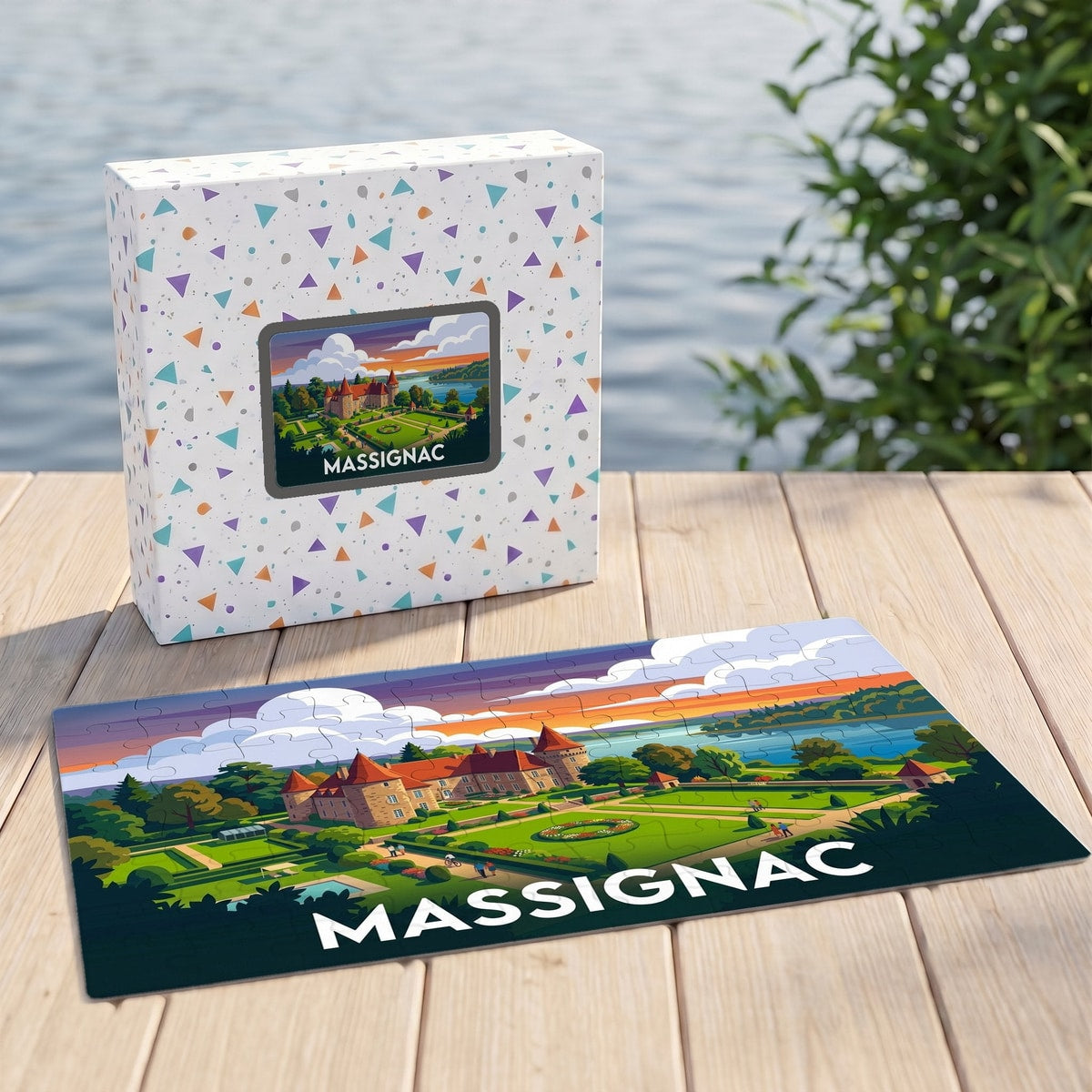 Puzzle souvenir de la ville de Massignac représentant son château et ses jardins dans un style illustré.