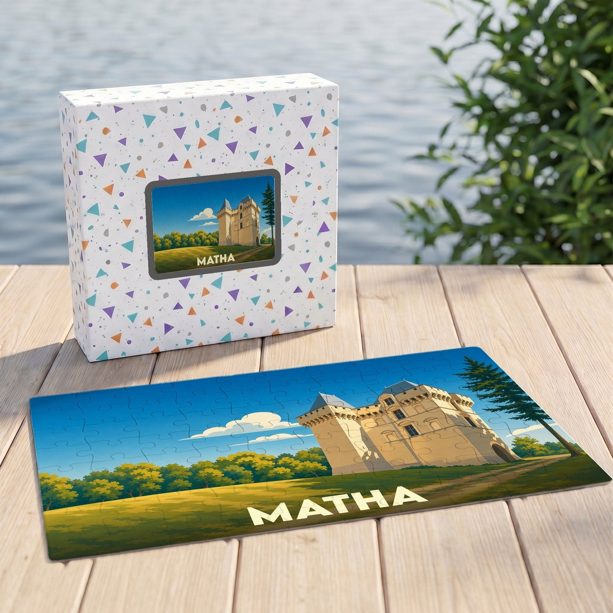 Puzzle souvenir de la ville de Matha avec une illustration stylisée d'un château médiéval.