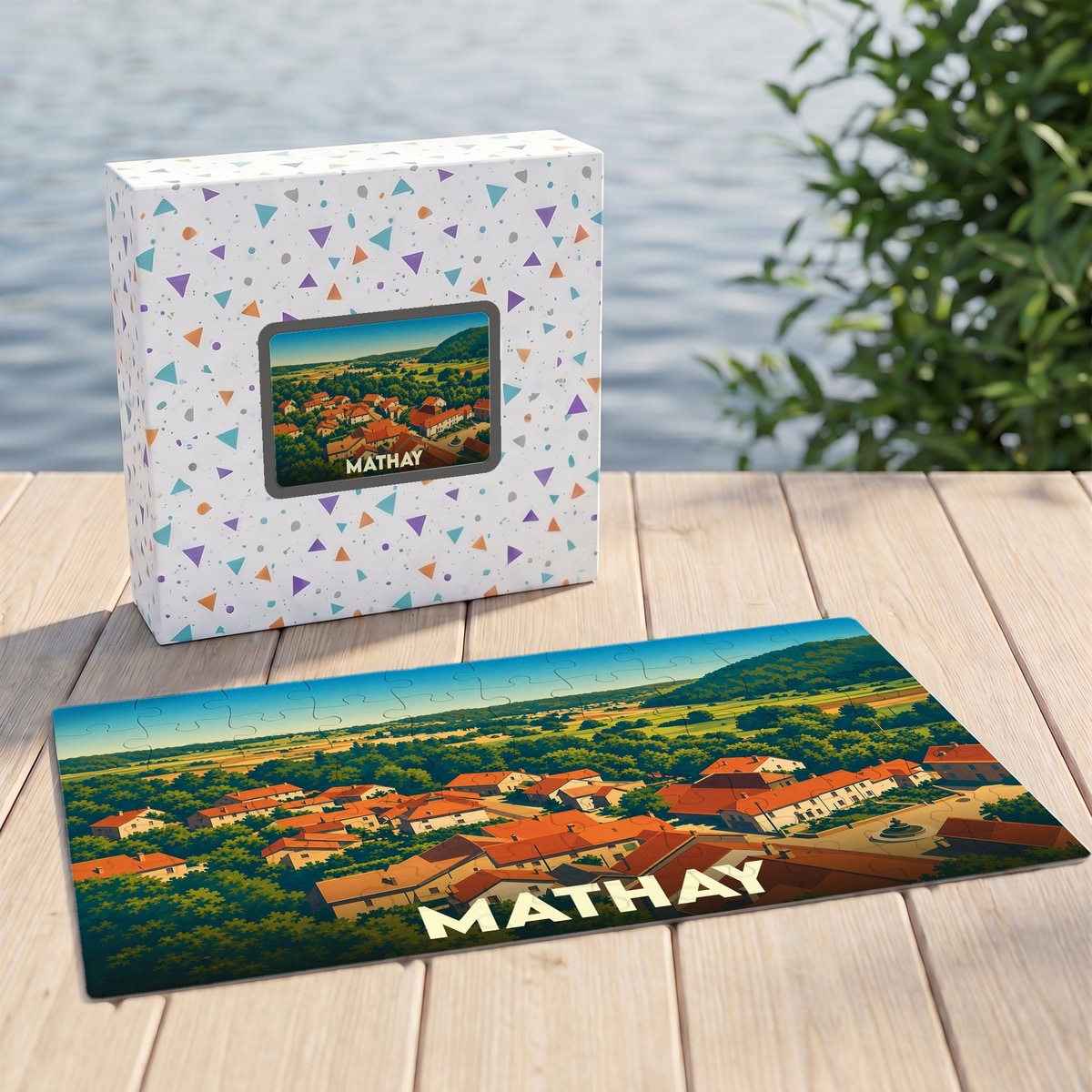 Puzzle souvenir de la ville de Mathay avec une illustration panoramique stylisée.
