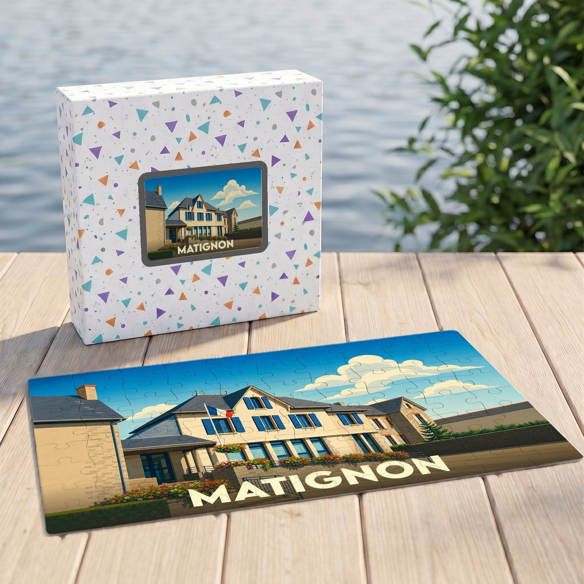 Puzzle souvenir de la ville de Matignon avec une illustration stylisée.