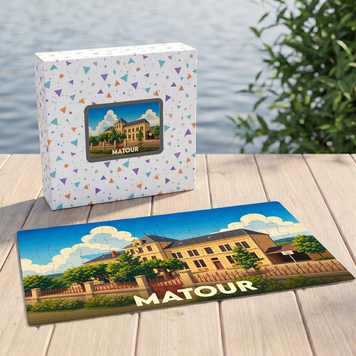Puzzle souvenir de la ville de Matour avec une illustration stylisée.