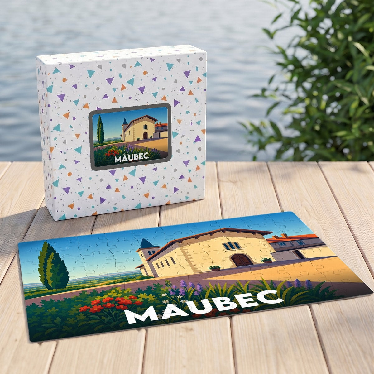 Puzzle souvenir de la ville de Maubec avec une illustration stylisée d'un paysage provençal.