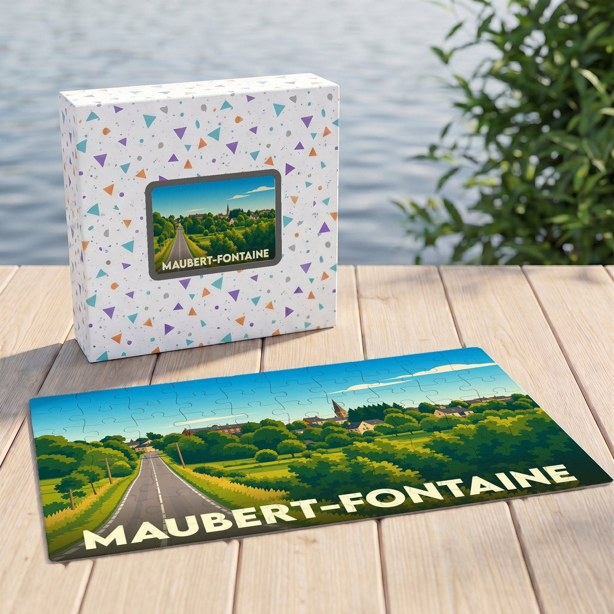 Puzzle souvenir de la ville de Maubert-Fontaine avec une illustration stylisée de son paysage champêtre.