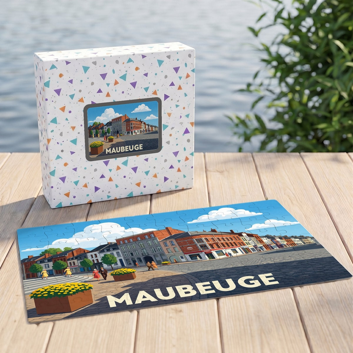 Puzzle souvenir de la ville de Maubeuge avec une illustration stylisée et sa boîte assortie.