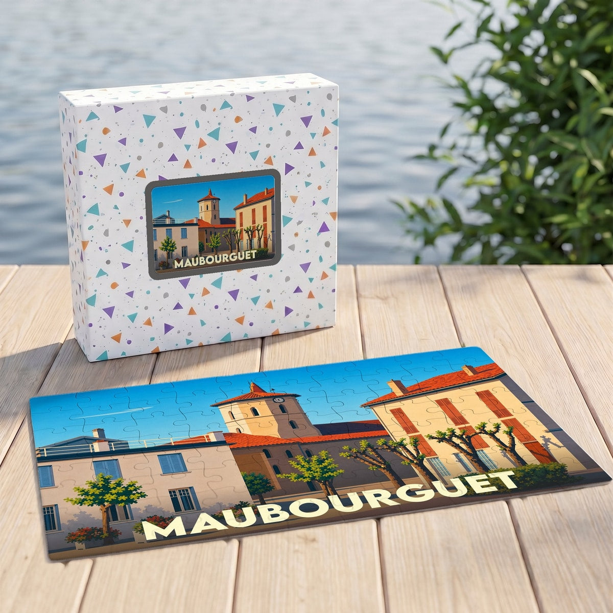 Puzzle souvenir de la ville de Maubourguet avec une illustration stylisée et colorée.