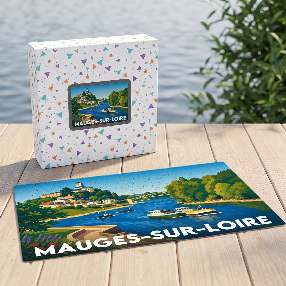 Puzzle souvenir de la ville de Mauges-sur-Loire avec une illustration stylisée et colorée de ses bords de Loire.