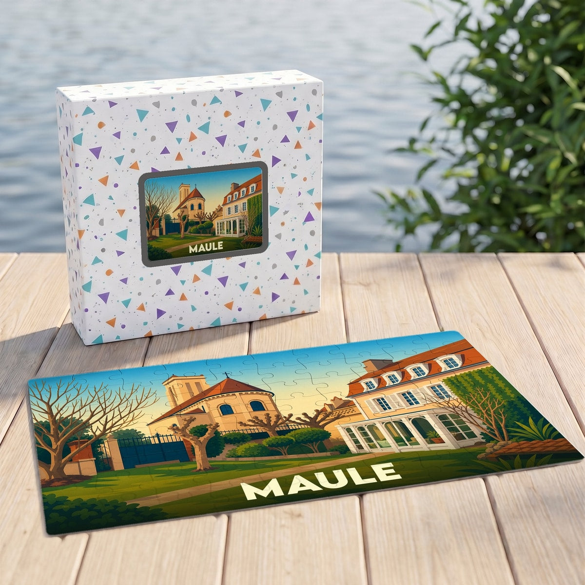 Puzzle souvenir de la ville de Maule représentant une illustration stylisée de son patrimoine architectural.