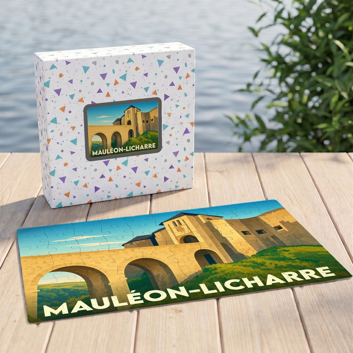 Puzzle souvenir de la ville de Mauléon-Licharre avec une illustration stylisée de son château.