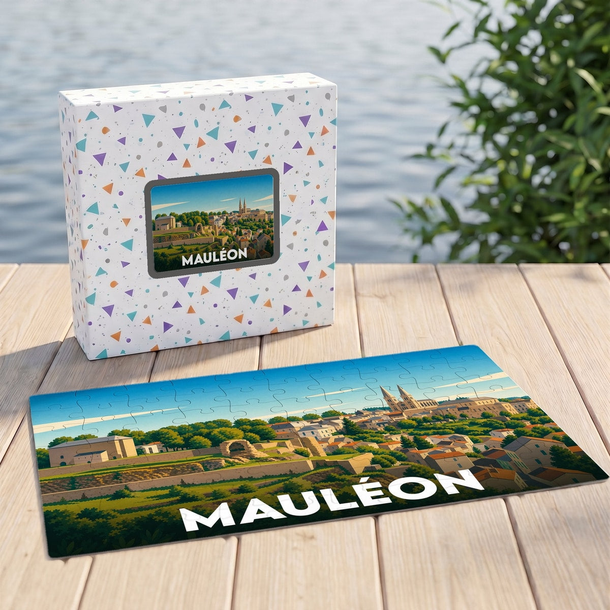 Puzzle souvenir de la ville de Mauléon avec une illustration panoramique stylisée.