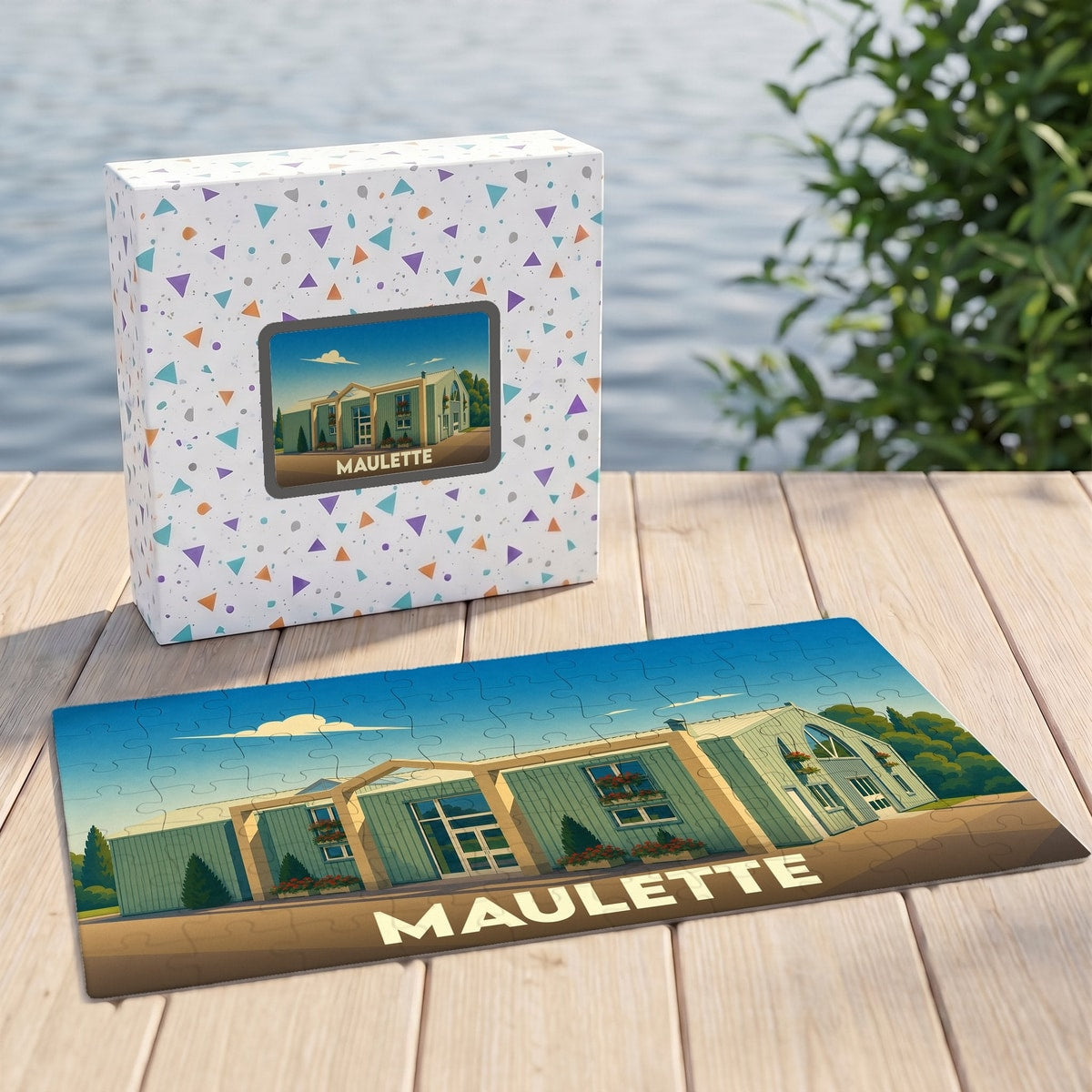 Puzzle souvenir de la ville de Maulette avec une illustration stylisée d'un bâtiment local.