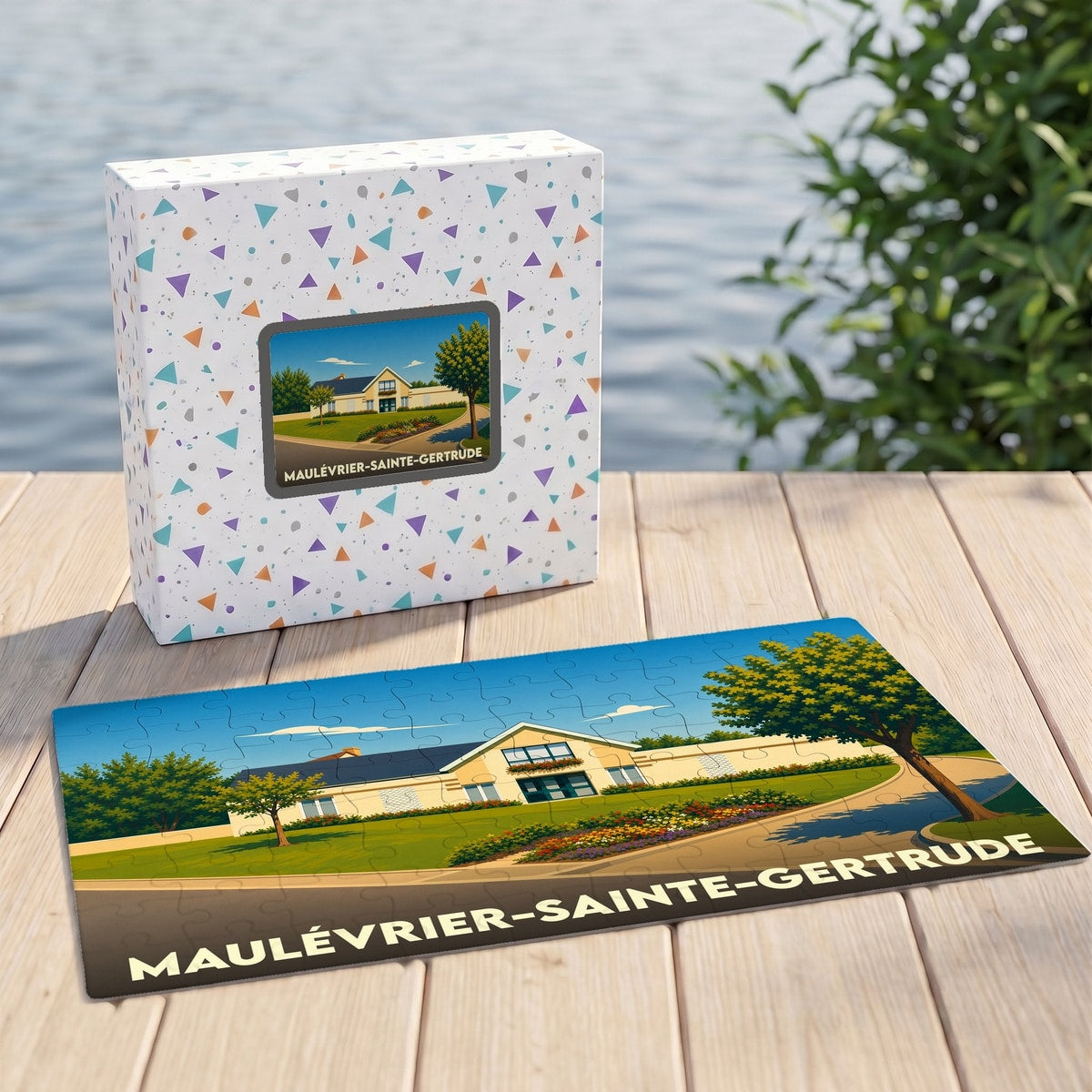 Puzzle souvenir de la ville de Maulévrier-Sainte-Gertrude avec une illustration stylisée de son paysage urbain.
