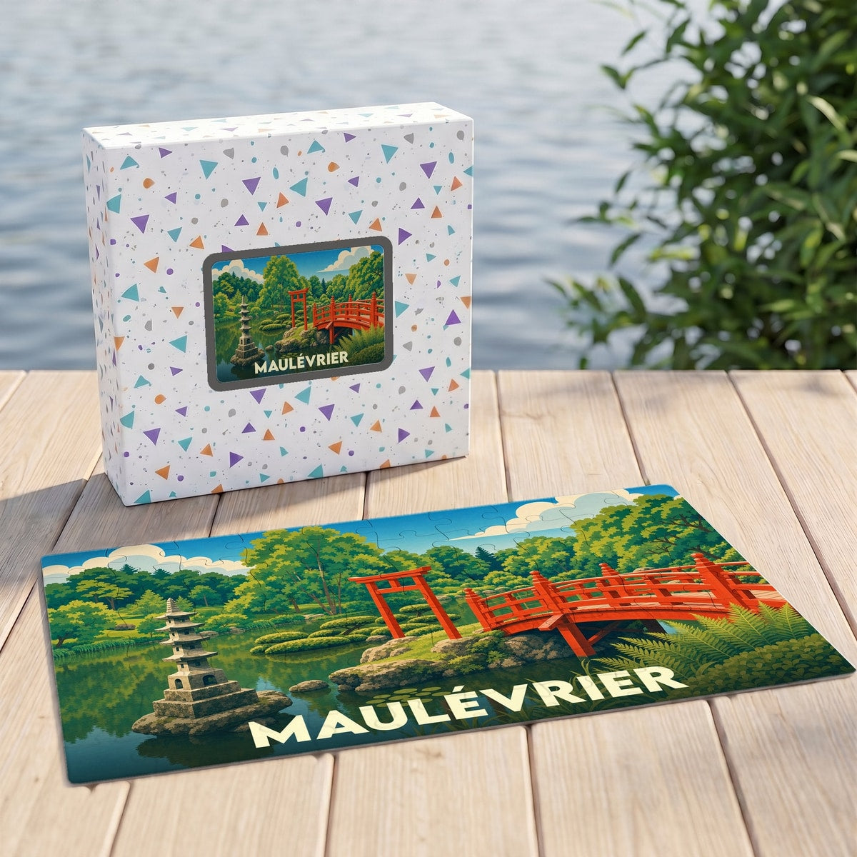 Puzzle souvenir de la ville de Maulévrier avec une illustration stylisée d'un jardin japonais.