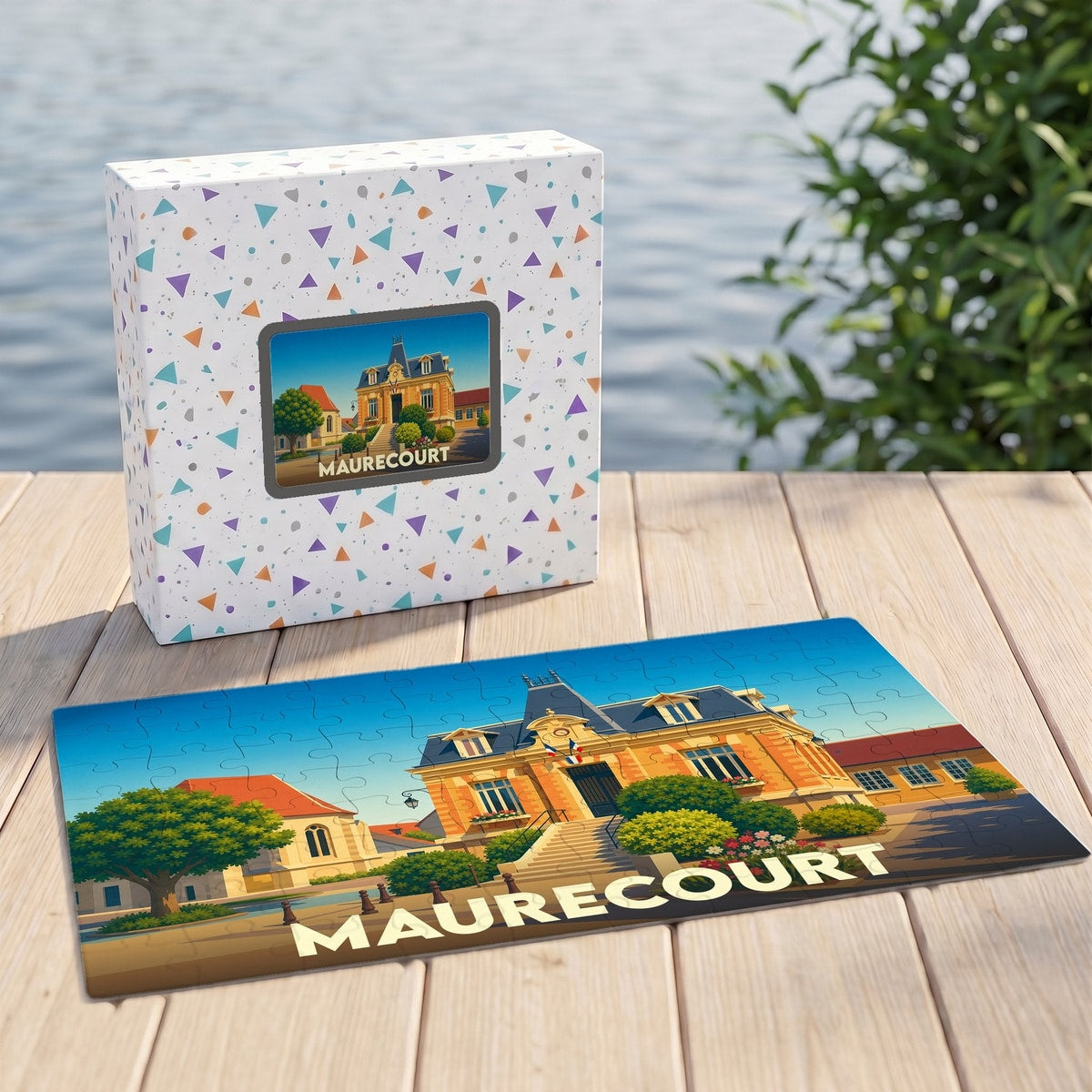 Puzzle souvenir de la ville de Maurecourt avec une illustration stylisée d'un bâtiment historique.