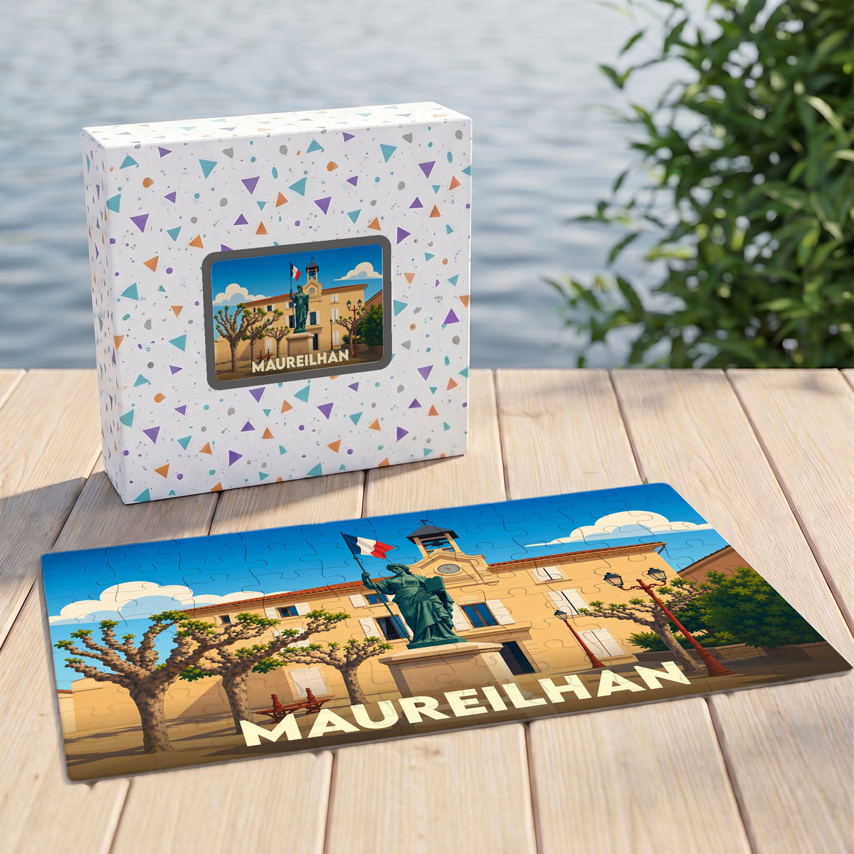 Puzzle souvenir de la ville de Maureilhan avec une illustration stylisée de sa place principale.