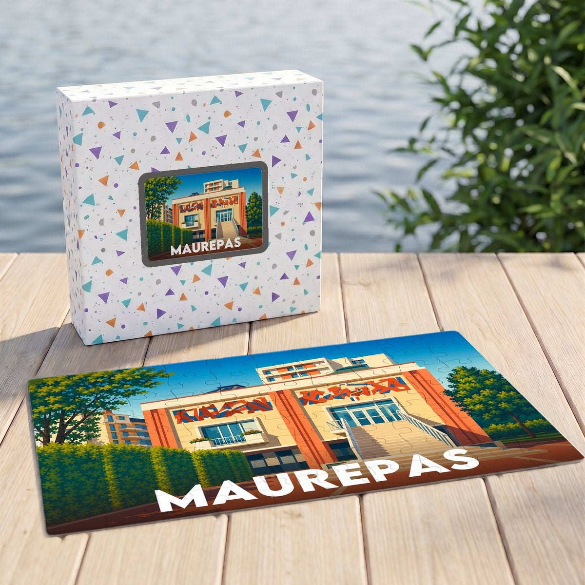 Puzzle souvenir de la ville de Maurepas avec une illustration stylisée et colorée.