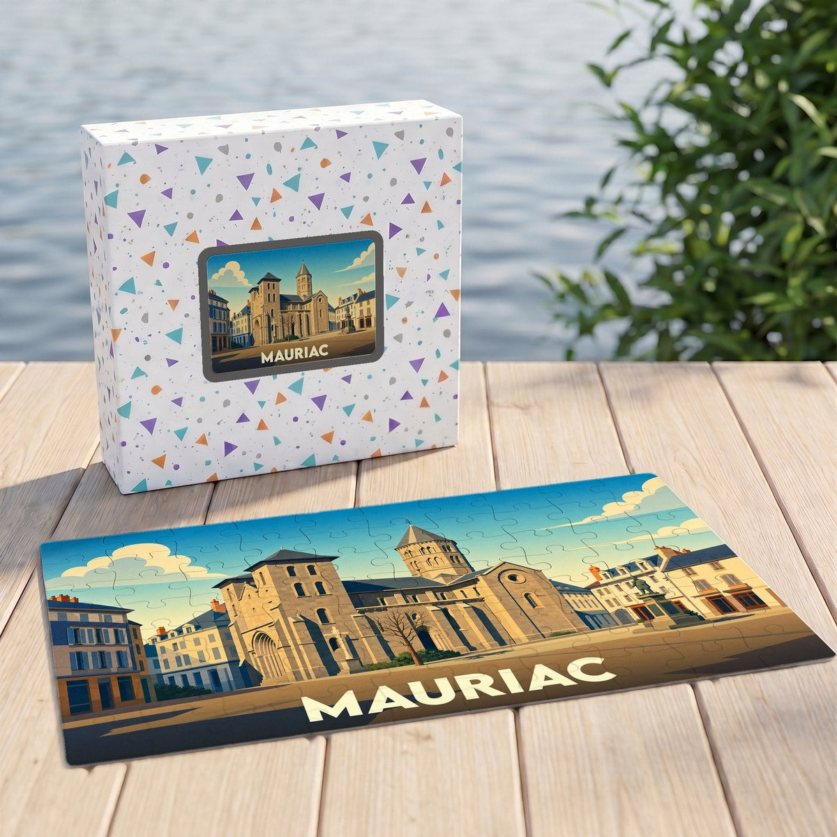 Puzzle souvenir de la ville de Mauriac avec une illustration stylisée d'un monument historique.