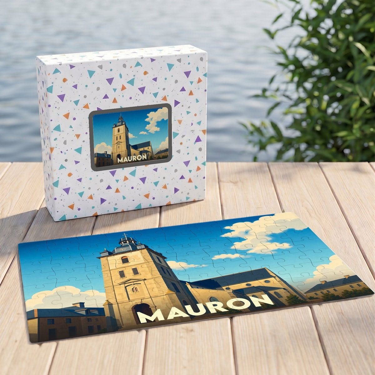 Puzzle souvenir de la ville de Mauron avec une illustration stylisée de son église et de son clocher.