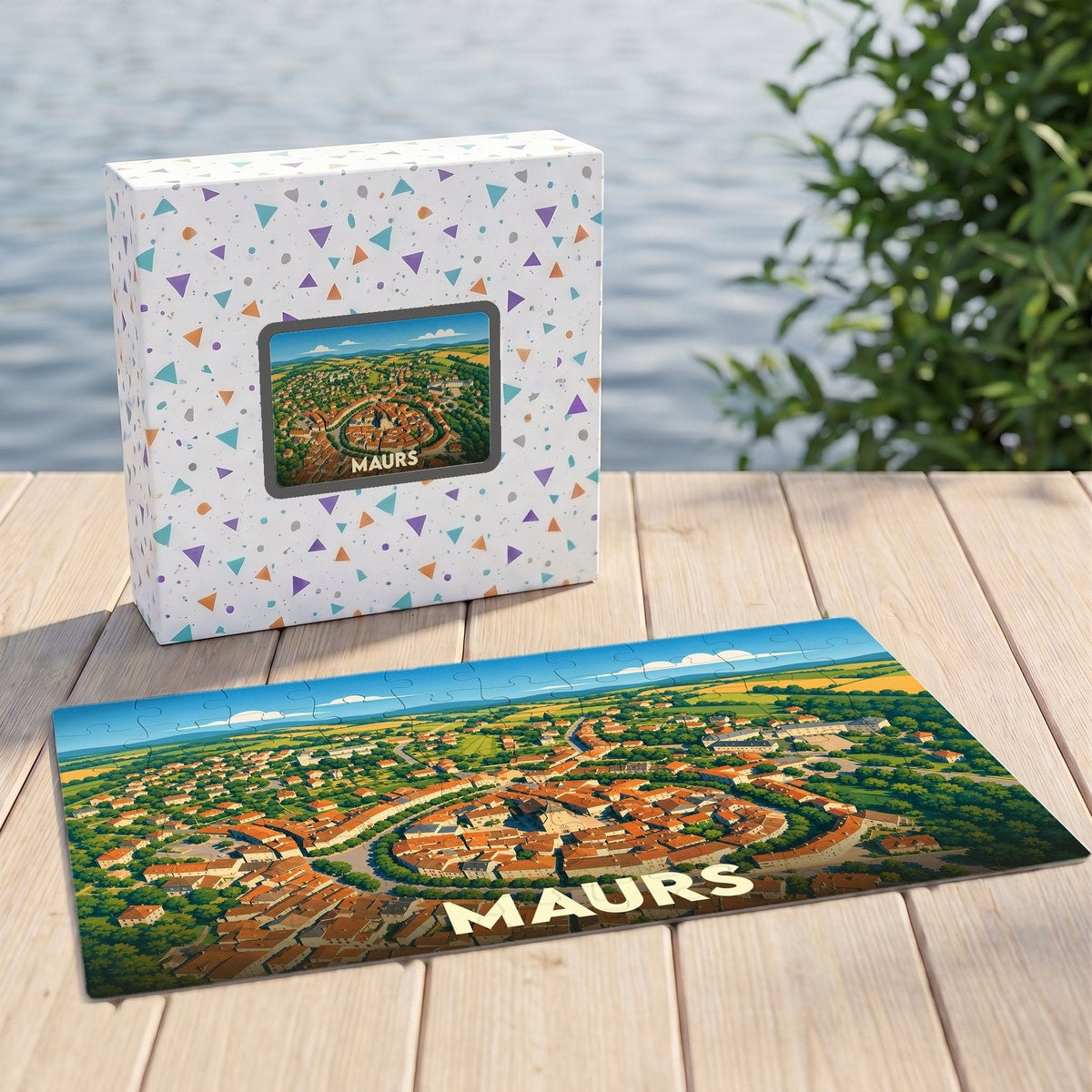 Puzzle souvenir de la ville de Maurs avec une vue aérienne illustrée et stylisée.