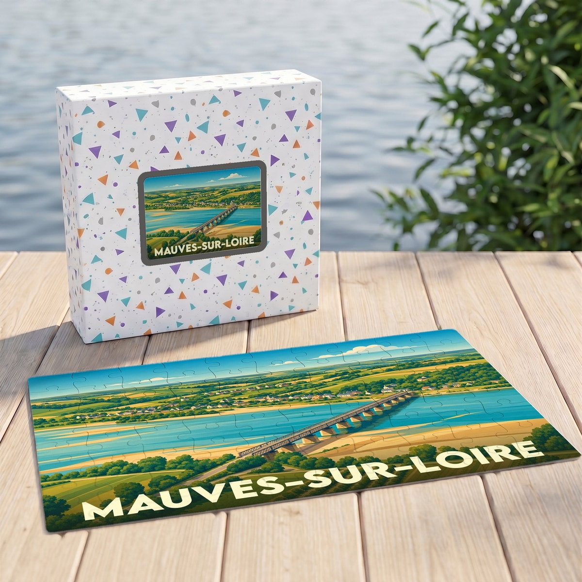 Puzzle souvenir de la ville de Mauves-sur-Loire avec une illustration stylisée de son pont au-dessus du fleuve.
