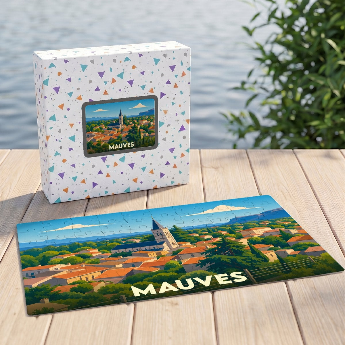 Puzzle souvenir de la ville de Mauves avec une illustration stylisée de ses toits et de son église.