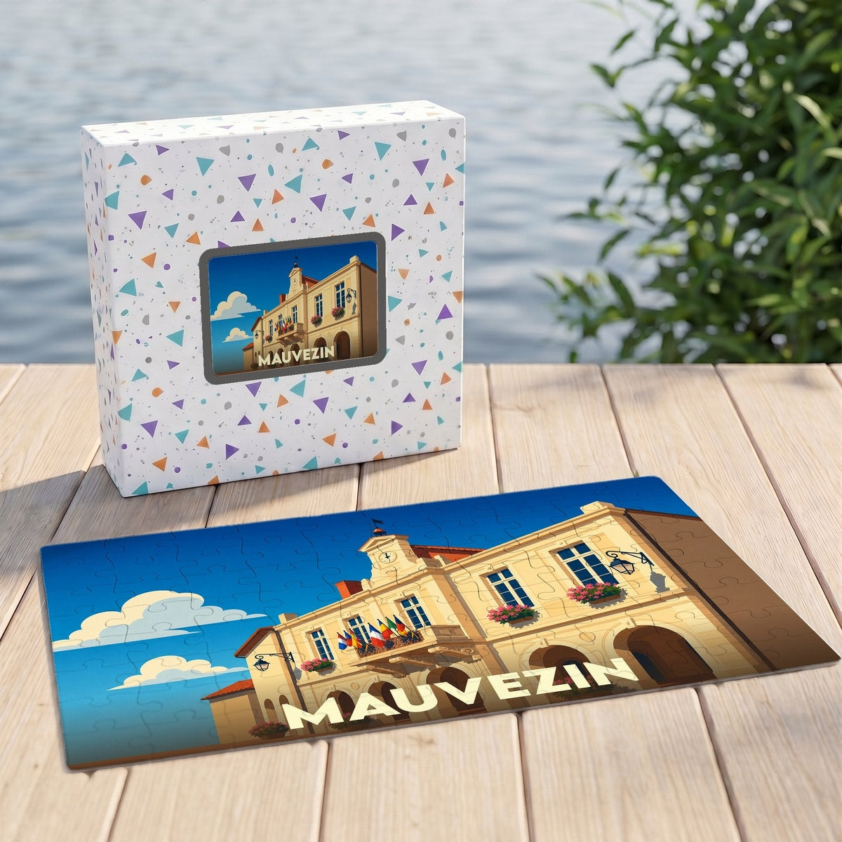 Puzzle souvenir de la ville de Mauvezin avec une illustration stylisée de sa mairie.
