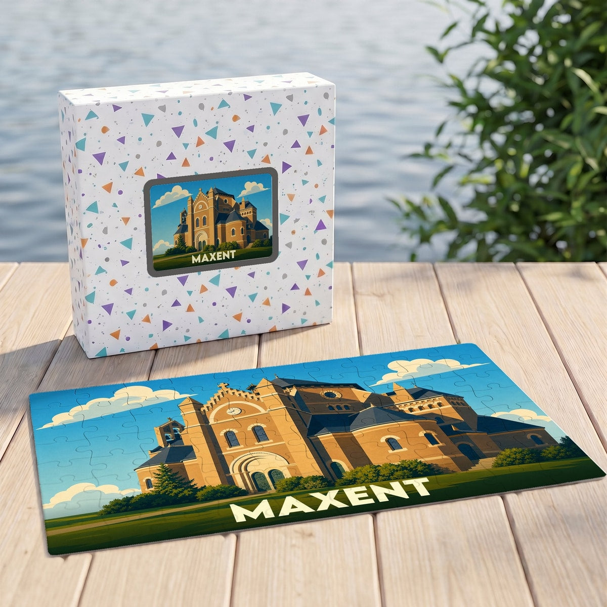 Puzzle souvenir de la ville de Maxent avec une illustration stylisée de son église.