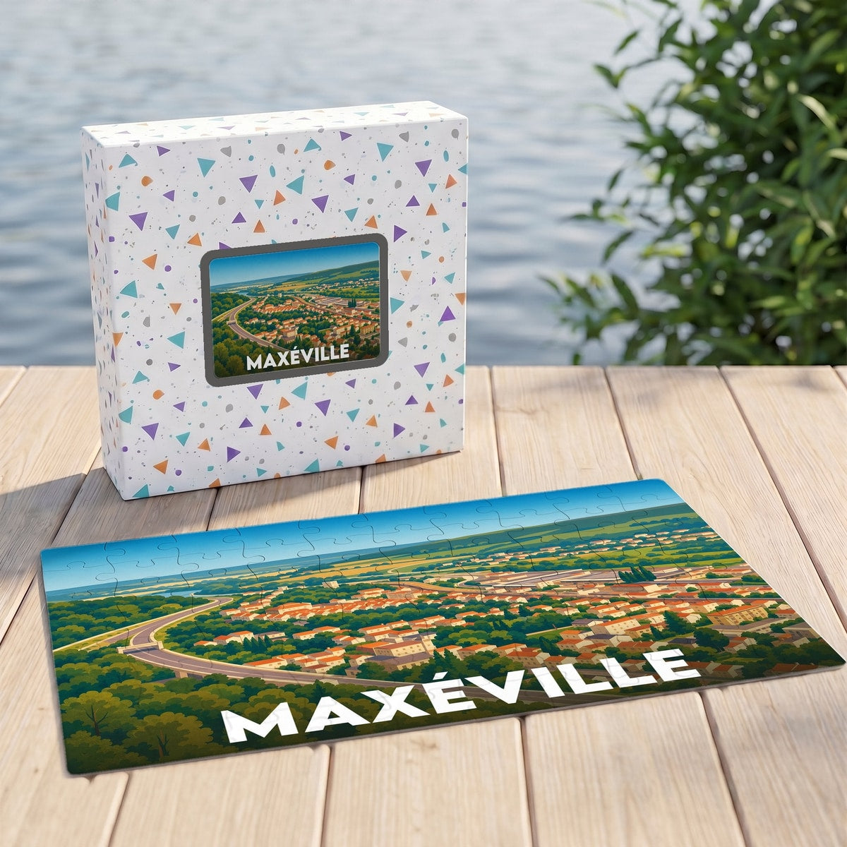Puzzle souvenir de la ville de Maxéville présentant une illustration panoramique stylisée.