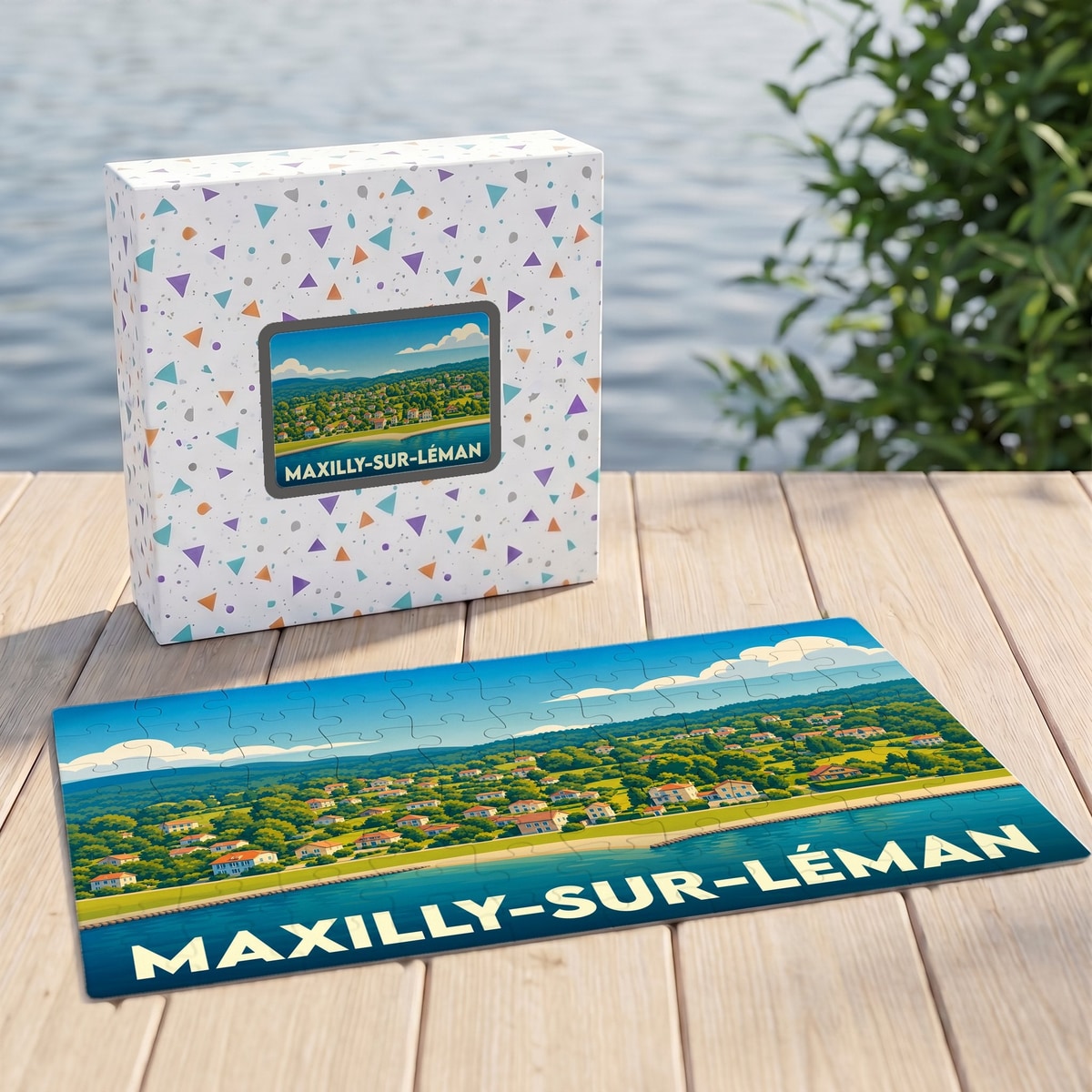 Puzzle souvenir de la ville de Maxilly-sur-Léman avec une illustration stylisée d'un paysage côtier.